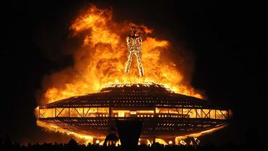 At Burning Man, a giant wooden man is literally burned. Pic: AP